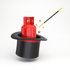 Fototapeta premium Magic hat with a wand and a gas cylinder floating on a white background, 3d render