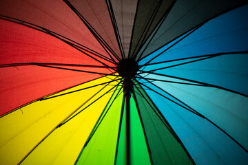 Colored umbrella. Umbrella bottom view. Sun protection.