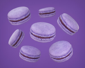 Flying purple macaroons on a purple background, 3d render