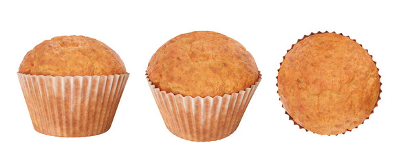 Set of muffin cakes from different angles front, side, top, 3d render