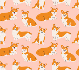 Seamless pattern of welsh corgi dog in different poses. Standing, sitting, lying down. Hand-drawn dog in contemporary flat style, and line art. Cartoon animal, pet. 