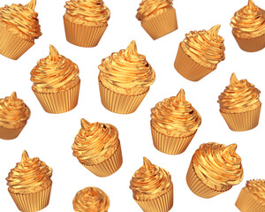 Cupcakes with golden cream flying on a white background, 3d render