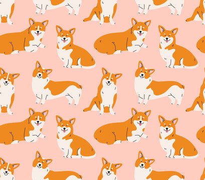 Seamless pattern of welsh corgi dog in different poses. Standing, sitting, lying down. Hand-drawn dog in contemporary flat style, and line art. Cartoon animal, pet. 