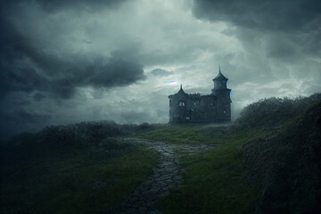 Mysterious castle. Dark scenery with misty road, storm clouds and old castle. - obrazy, fototapety, plakaty