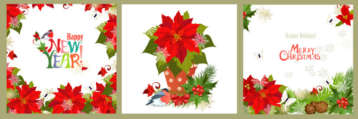 Collection of cards with poinsettia flower. Happy New year with - obrazy, fototapety, plakaty