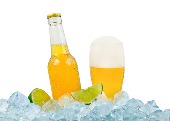 Bottle and glass of lager beer on ice