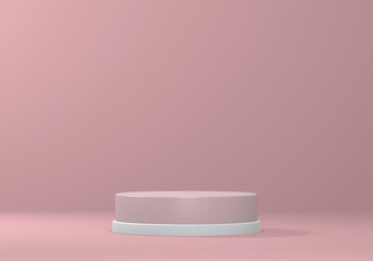 Empty minimalistic rose podium with white rim in studio lighting. A single cylinder on a rose background. 3d render