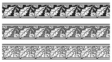 PNG transparent set of vintage seamless patterns of oak tree leaves and acorns, antique natural engraved design elements	
