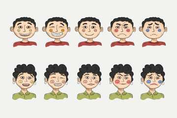 Man and woman with different facial expressions set isolated vector illustration