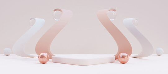Elegant white and pink podium with  abstract art objects. Stand to show products. Stage showcase with copy space. Pedestal display. Banner size. Website cover template. 3D rendering.