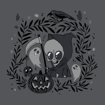 Cute illustration of a funny monster with a scythe, pumpkin and haunted