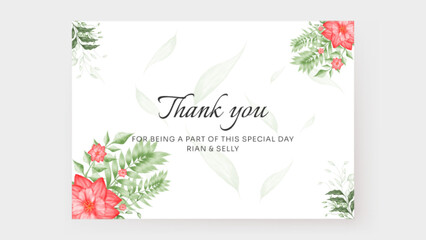 Romantic wedding invitation, thank you card with watercolor red flower