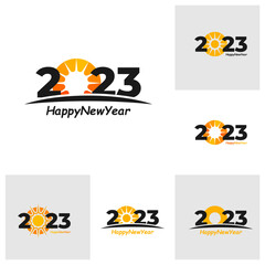 Set of Happy New Year 2023 text with Sun design concept. Cover of business diary for 2023 with wishes. Brochure design template, card, banner. Vector illustration. Isolated on white background.
