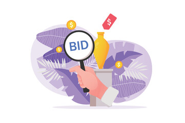Auction concept with people hand in flat design.