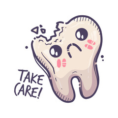 Teeth care treatment collection. Dental medicine theme for posters, books, leaflets, stickers. Tooth illustration with cute emotion. Vector hand drawn style.