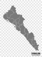 State Sinaloa of Mexico map on transparent background. Blank map of  Sinaloa with  regions in gray for your web site design, logo, app, UI. Mexico. EPS10.s