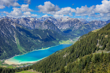 Above Achensee, turquoise lake, and Pertisau from Rofan in Tyrol, Austria
