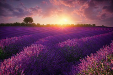 Obraz na płótnie Canvas Lavender field at sunset. Lavender flowers.