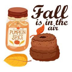 Autumn candle, delicious cupcake and leaves with lettering. Cute vector illustration.