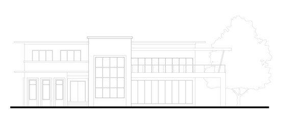 Illustration of the front facade of a two story bungalow with a modern design drawn using CAD. Drawn in black and white.