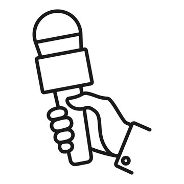 Hand holding microphone line icon. Microphone for news, broadcasting live news, illustration