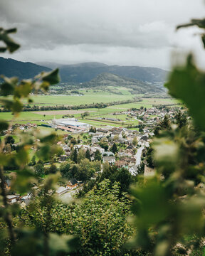 Austrian village through trees