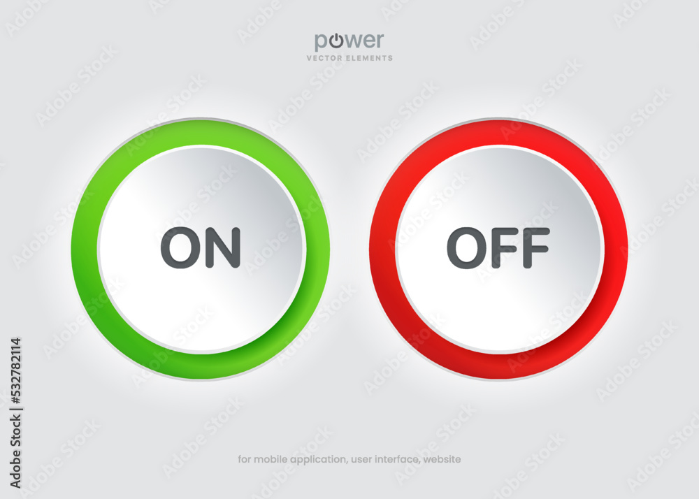 Aufkleber On and Off toggle switch icons push buttons. Switch toggle buttons ON OFF. Material design switch buttons set. Open and close ui icons. Active and Inactive icon. Stock Vector.