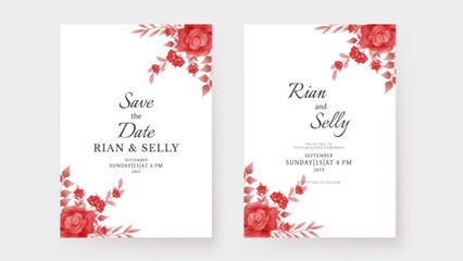 Fototapeta na wymiar Romantic wedding invitation template with watercolor rose red flower