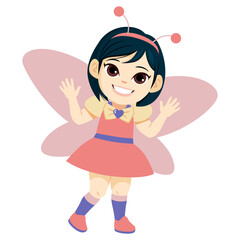 Cute fairy girl disguised in tale princess costume with wings. Happy kid in fantasy dress for Halloween party. Fairytale character