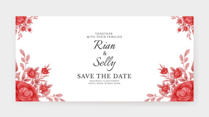 Romantic wedding invitation banner with watercolor rose red flower