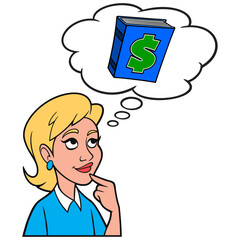 Girl thinking about the Blue Book Value - A cartoon illustration of a Girl thinking about the Blue Book estimated value of a vehicle.