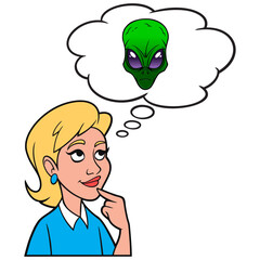Girl thinking about a Space Alien - A cartoon illustration of a Girl thinking about a Space Alien from another world.