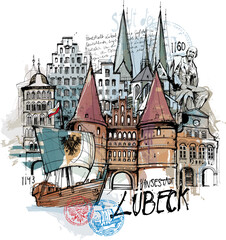 Handgezeichnete Illustration von der Hansestadt Lübeck - 532783102