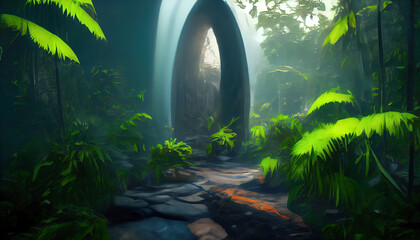 Green jungle with a portal to another world, colorful landscape