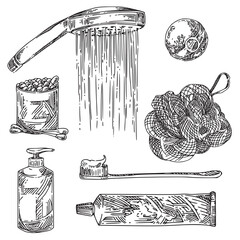 Washing accessories set. Shower head, washcloth, toothpaste and brush, soap, bath bomb and cotton swabs. Sketch. Engraving style. Vector illustration.