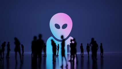 3d rendering people in front of symbol of alien head on background
