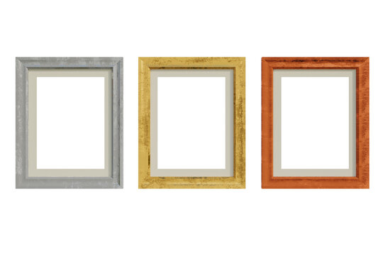 Set of 3d vintage photo frames on the wall. 3d illustration. Realistic gold, silver and black rusty picture boxes. square blank mockup template home interior