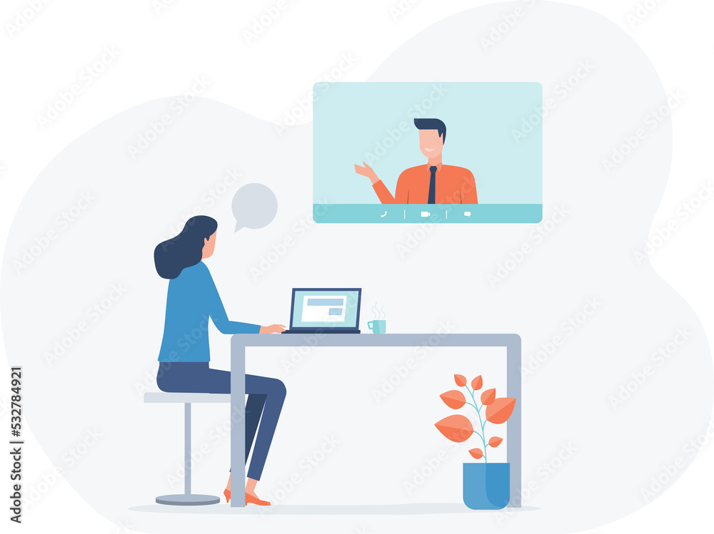 Aufkleber flat vector women use remote technology working for video conferencing with team online concept