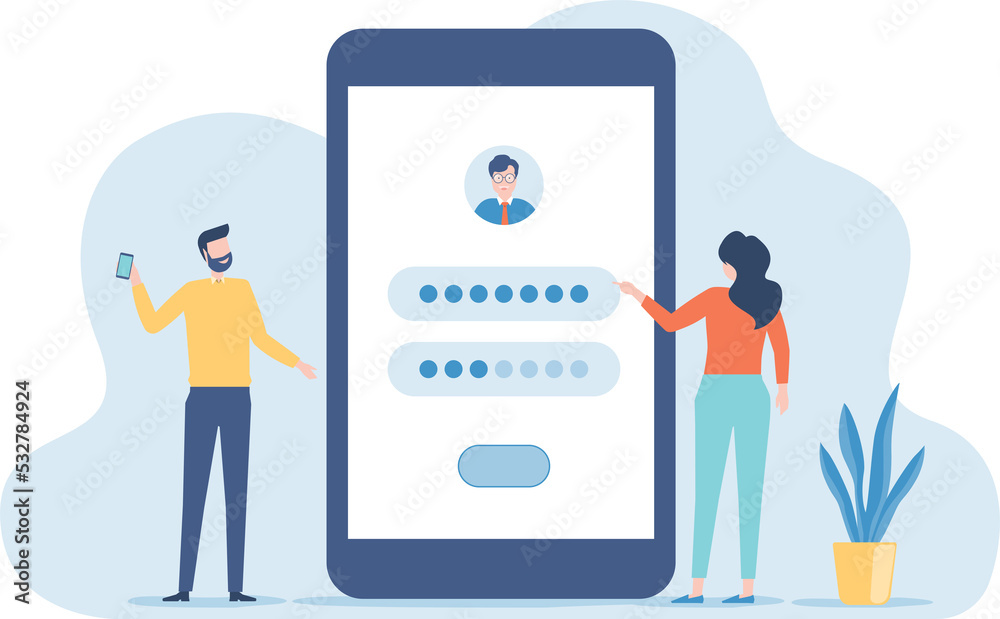 Fototapete Flat vector developer team setting for user login application with mobile phone concept	

