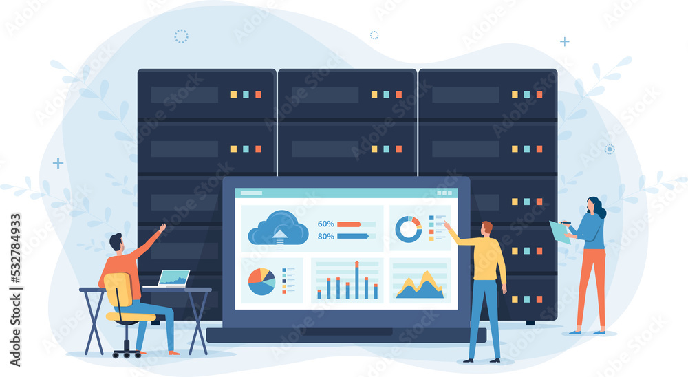 Aufkleber business technology cloud computing service concept and datacenter storage server connect on cloud with administrator and developer team working on dashboard monitor concept