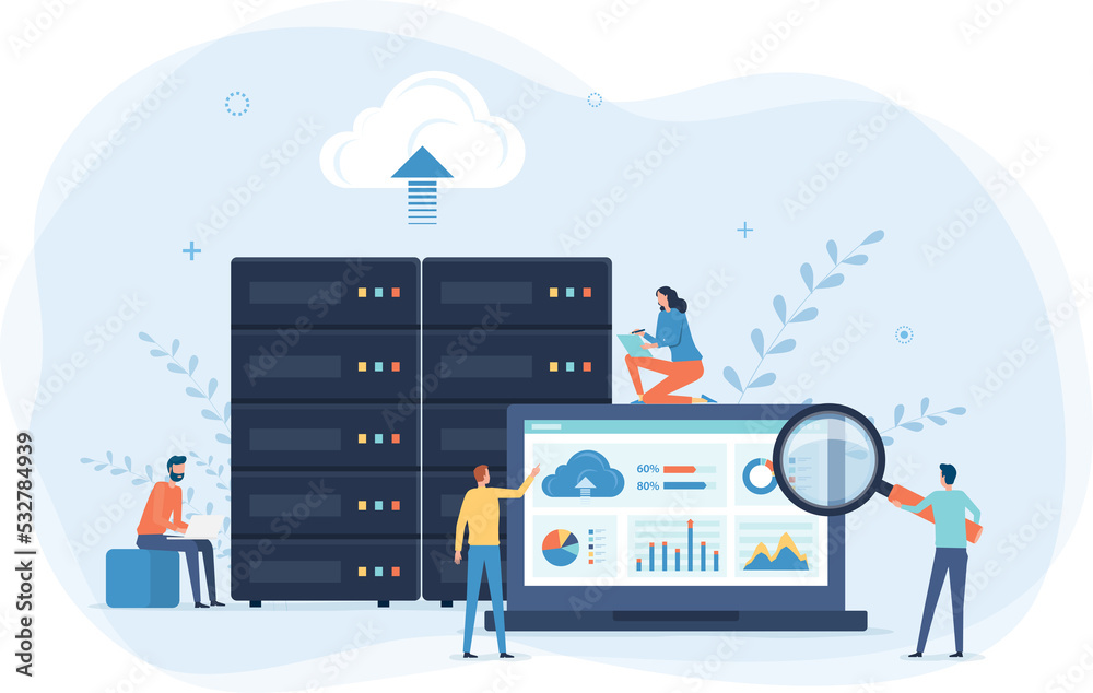 Poster business technology cloud computing service concept and datacenter storage server connect on cloud with administrator and developer team working 