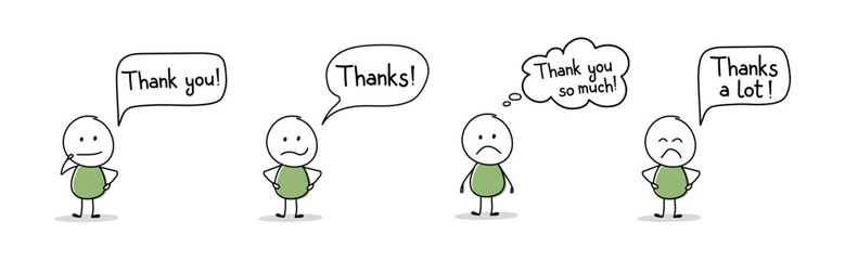 Sad cartoon people with text - thank you, thanks. Vector