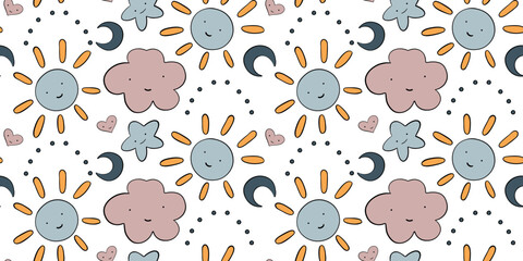 Very cute baby pattern, design for newborns, baby clothes, baby wallpapers and cards. Sun, clouds, stars, hearts.