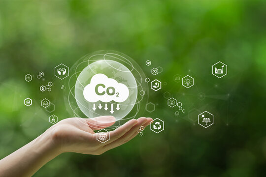 CO2 emission reduction concept.world icon in hand with environmental icons, Ideas for Sustainable development, and green business based on renewable energy. Energy saving, Sustainable development.
