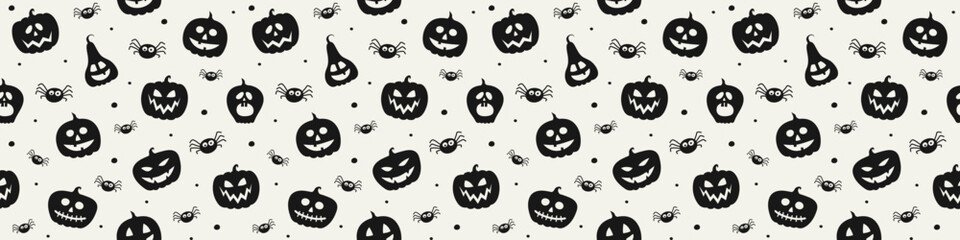Funny Halloween banner with pumpkins and spiders. Seamless pattern. Vector