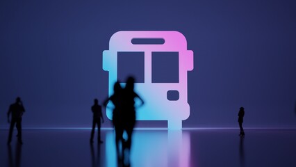 3d rendering people in front of symbol of bus front view on background
