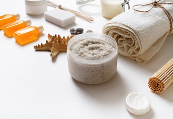Spa and beauty threatment products. Resort therapy still life.