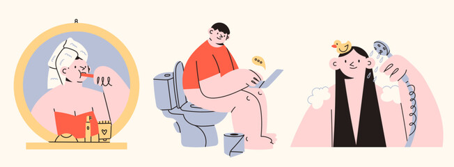 Brushing teeth, pooping, sitting on a toilet bowl, taking a shower. Daily hygiene routine. Hand drawn Vector illustrations. Cartoon style. Cute funny characters. Logo, icon, poster, card templates