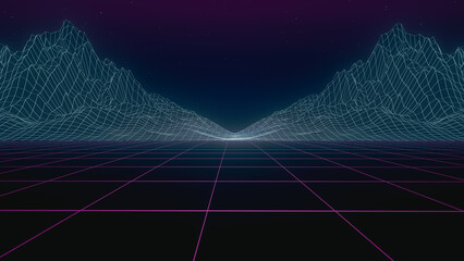 Glowing neon, light grid landscapes. Grid, 80s Retro Sci-fi background. Cyberpunk. Retrofuturism. Synthwave. Retrowave.