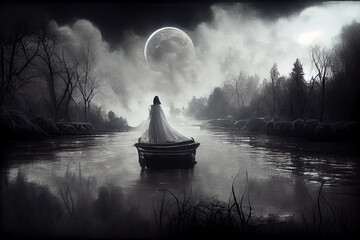 Digital 3d illustration of a woman in white dress floating on a river in a boat. Horror and Halloween concept. 